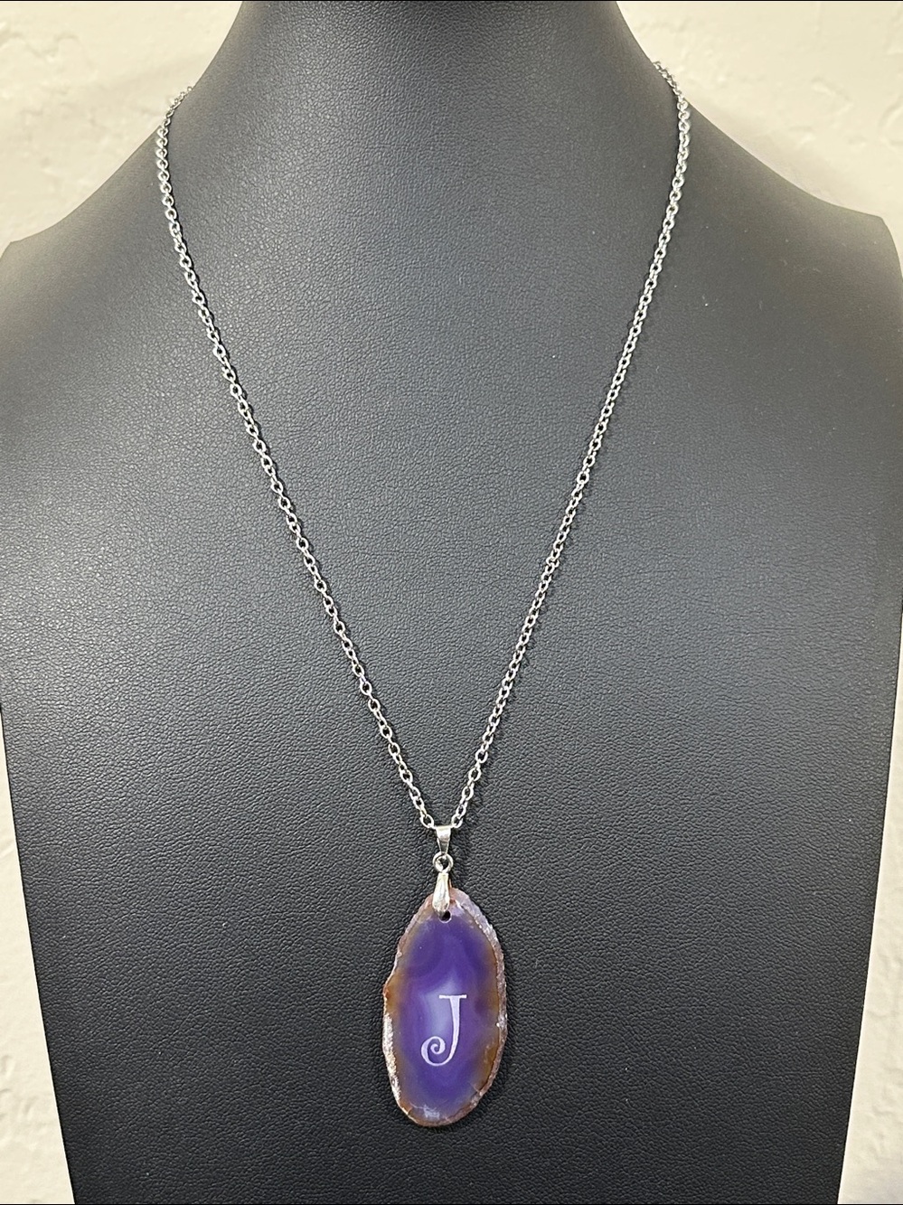 Vintage Purple Agate Monogram Initial "J" Pendant Necklace